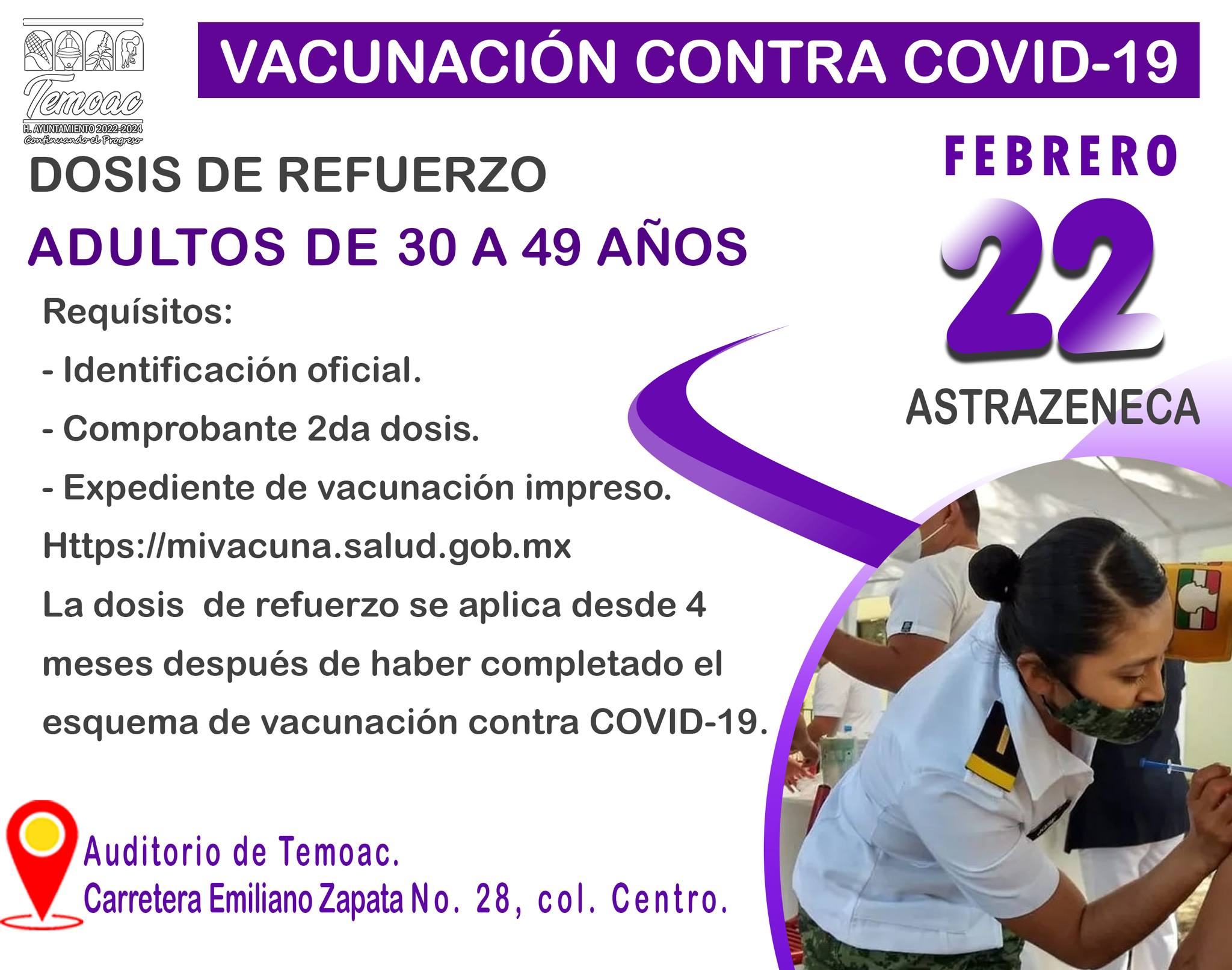 Este 22 de febrero se aplicará a personas de 30 a 49 años en el municipio de Temoac.